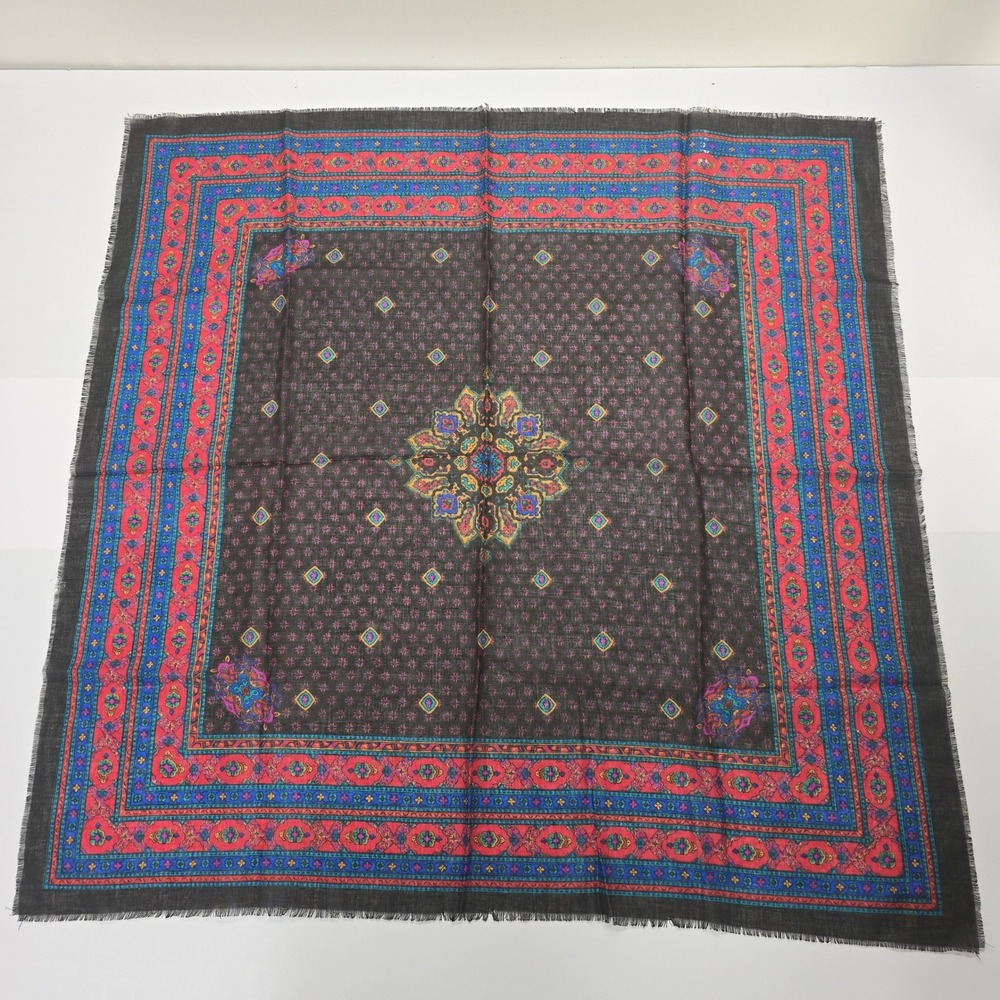 Vintage Challis by Berkshire Square Scarf Black Red Blue Medallion Made in Japan